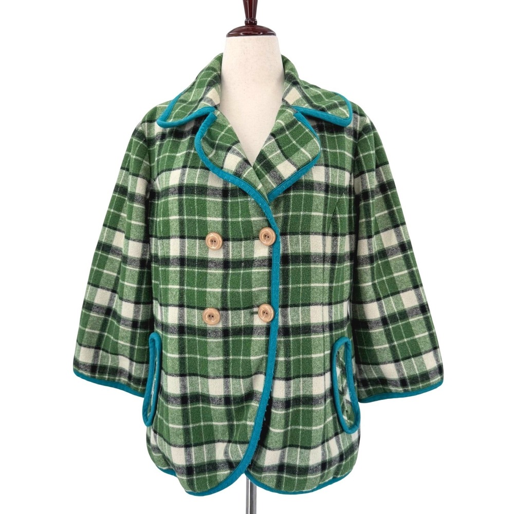 Tabitha Green Plaid Double Breasted Pea Coat Teal Piping Wool Blend Jacket L